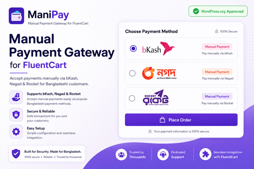 ManiPay- Manual Bkash Nagad, Rocket Gateway for FluentCart